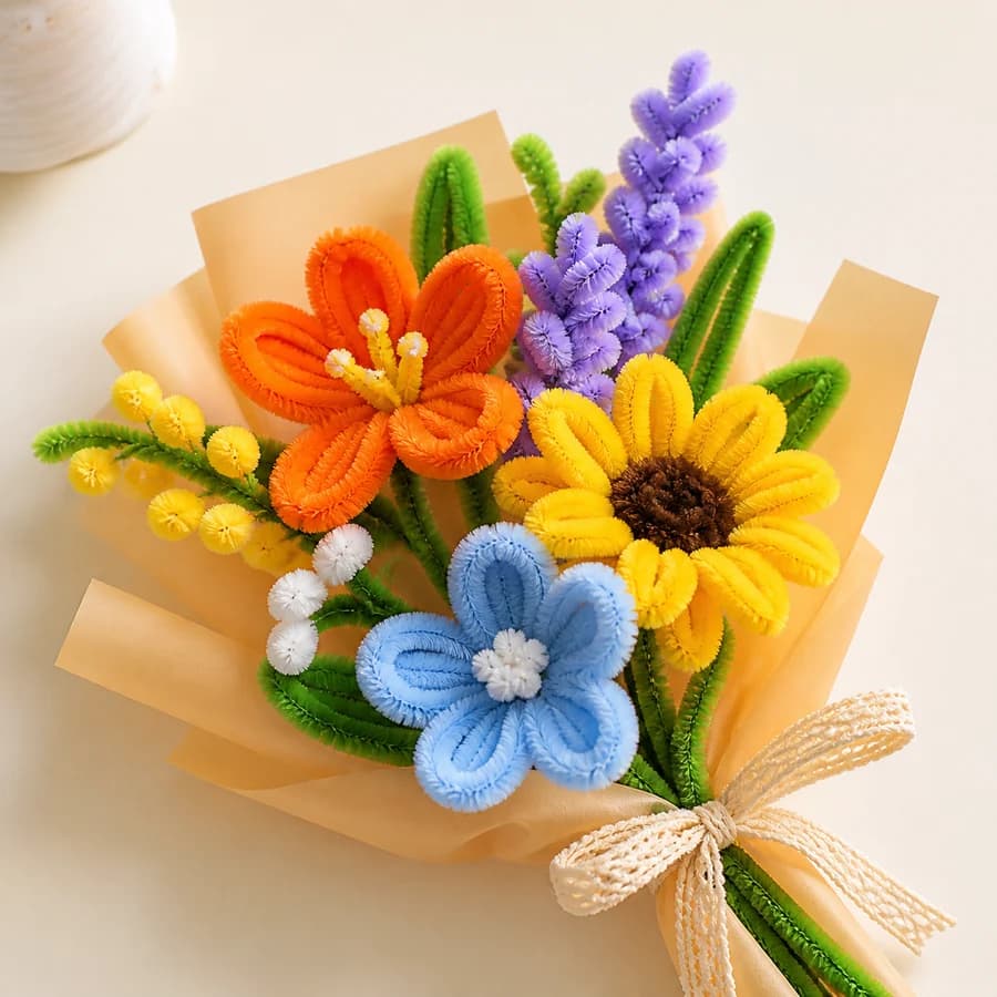 Completed flowers made from colourful pipe cleaners